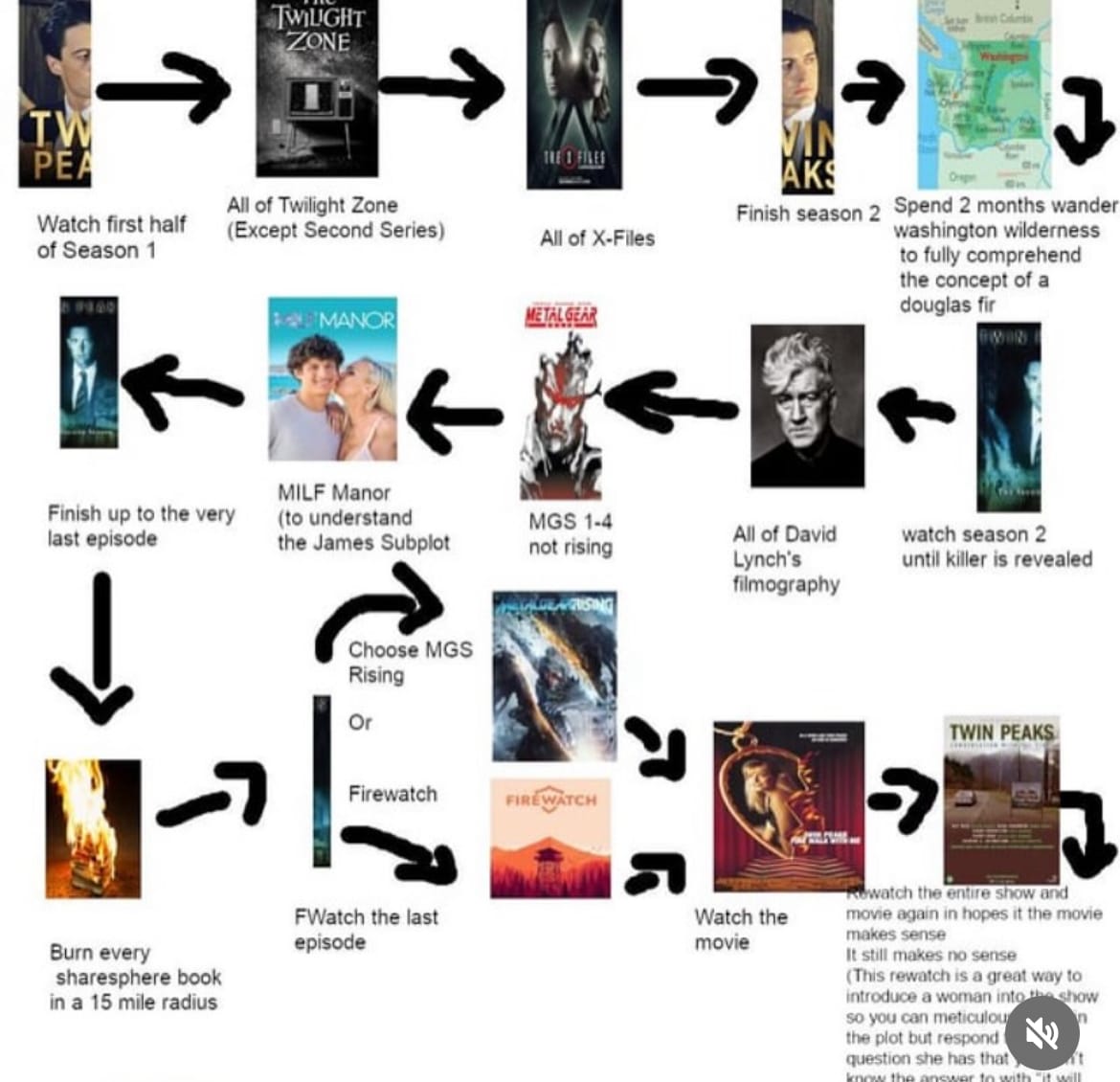 The watch order presented by ijbololita, which consists of: 1. watch the first half of season 1 of twin peaks. 2. All of Twilight Zone (except second series). 3. All of X-Files. 4. Finish Season 2. 5. Spend 2 Months wandering washington wilderness to fully comprehend the concept of a douglas fir. 6. watch season 2 until killer is revealed. 7. All of David Lynch's filmography. 8. MGS1-4. 9. MILF Manor (To understand the James Subplot). 10. Finish up to the very last episode (of TP season 2). 11. Burn every shakespeare book in a 15-mile radius. 12. Watch the last episode (of TP season 2). 13 Play either Metal Gear Solid Rising or Firewatch. 14. Watch TP fire walk with me. 15. Rewarch the entire show and movie again in hopes the movie makes sense. It still makes no sense (this rewarch is a great way to introduce a woman into the show so you can meticulously explain the plot but respond to any question she has that don't know the answer to with "It will make more sense later").